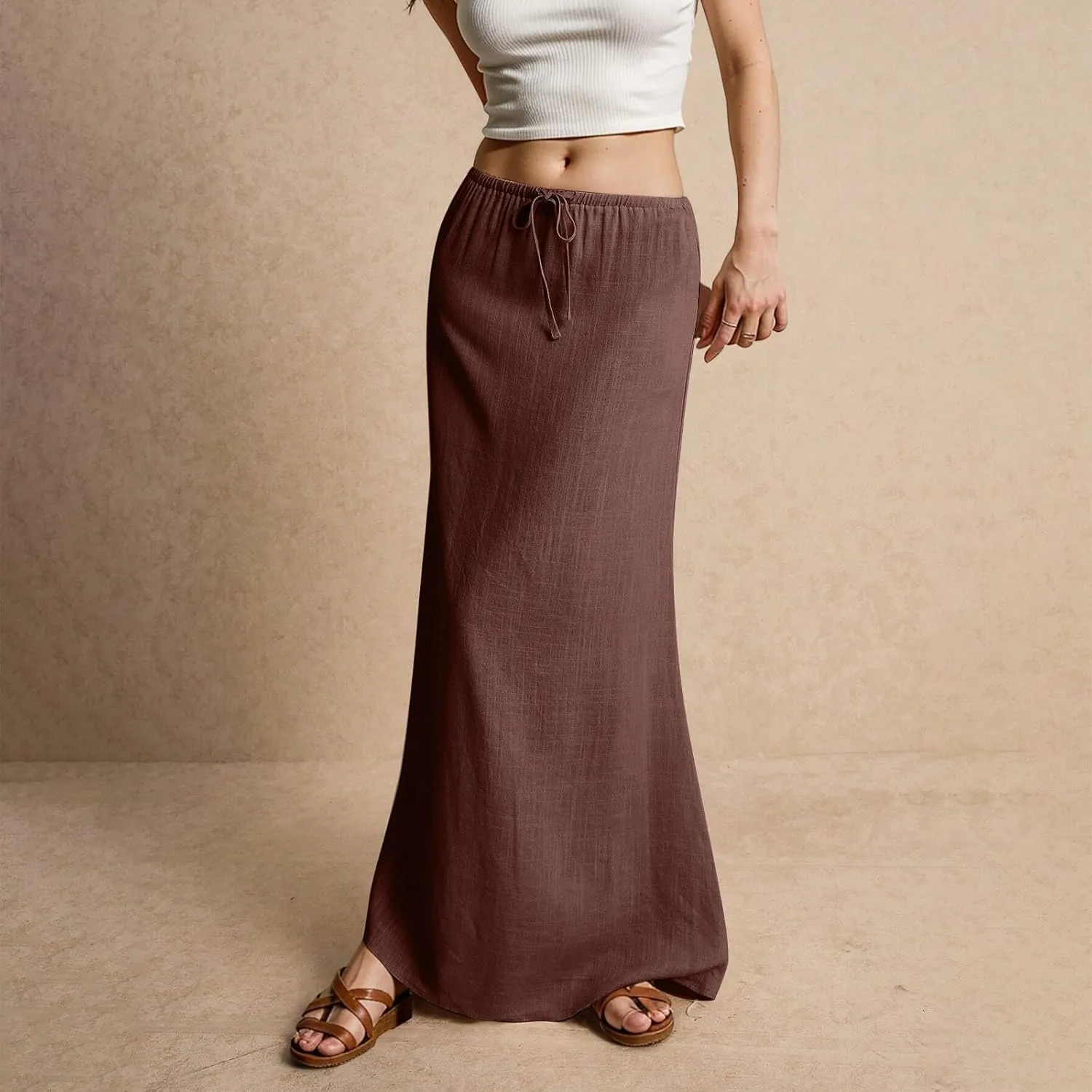 Cotton Linen Skirts for Women Maxi Length Summer Skirts Drawstring Low Rise A-Line Casual Loose Flowy Long Beach Skirt