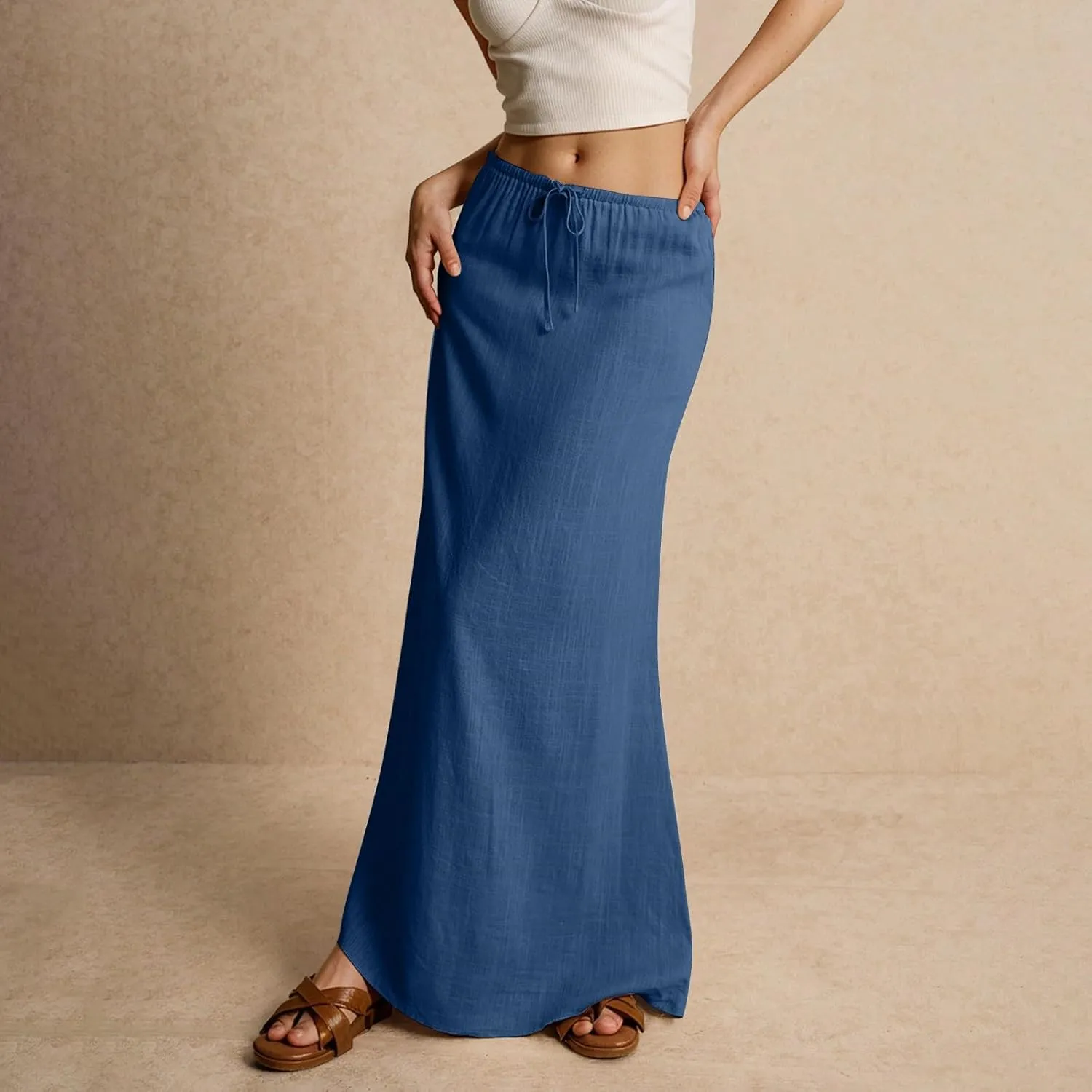 Cotton Linen Skirts for Women Maxi Length Summer Skirts Drawstring Low Rise A-Line Casual Loose Flowy Long Beach Skirt