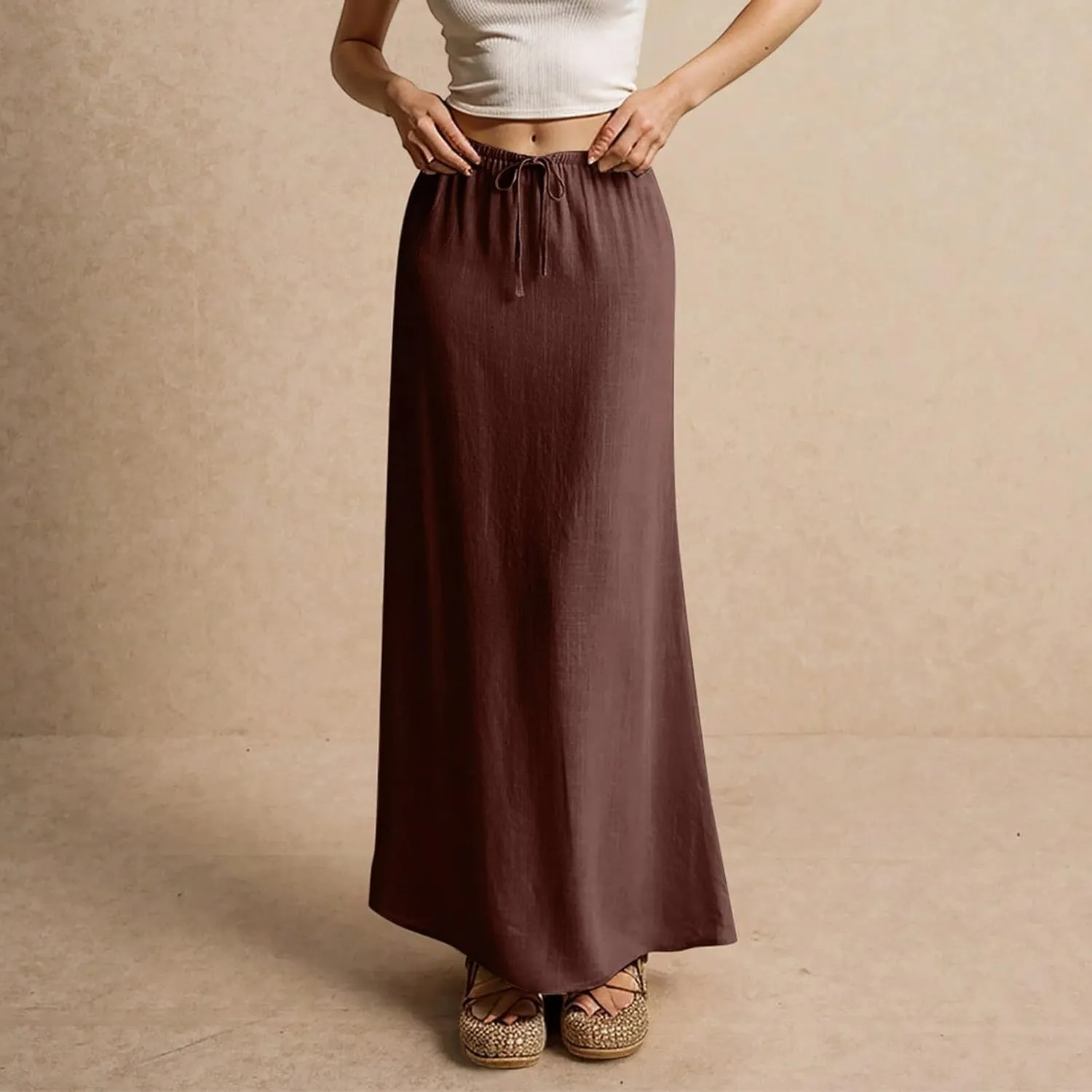 Cotton Linen Skirts for Women Maxi Length Summer Skirts Drawstring Low Rise A-Line Casual Loose Flowy Long Beach Skirt