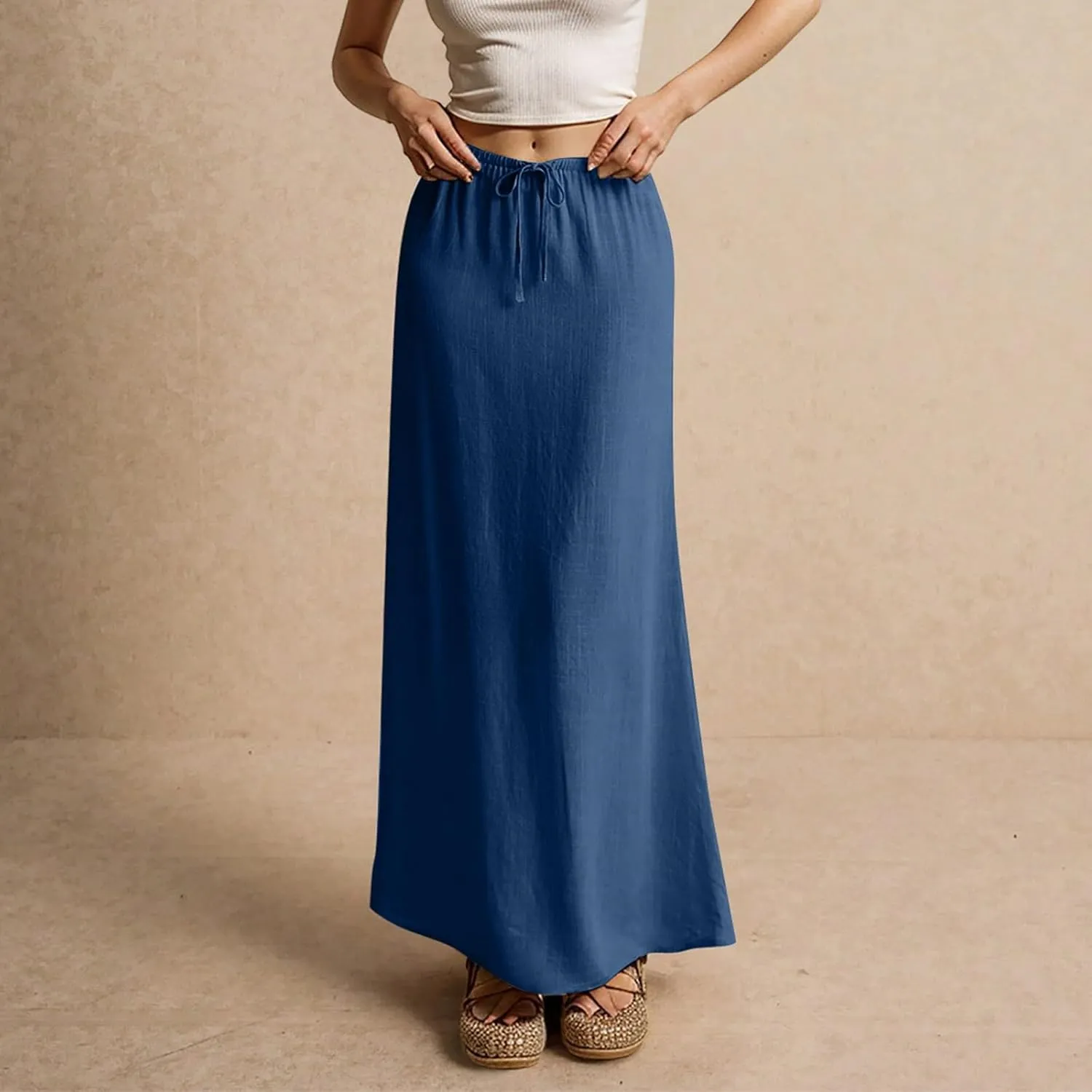 Cotton Linen Skirts for Women Maxi Length Summer Skirts Drawstring Low Rise A-Line Casual Loose Flowy Long Beach Skirt