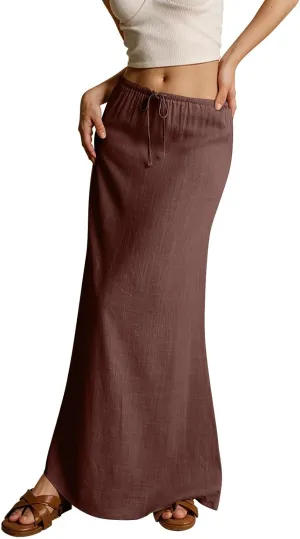 Cotton Linen Skirts for Women Maxi Length Summer Skirts Drawstring Low Rise A-Line Casual Loose Flowy Long Beach Skirt