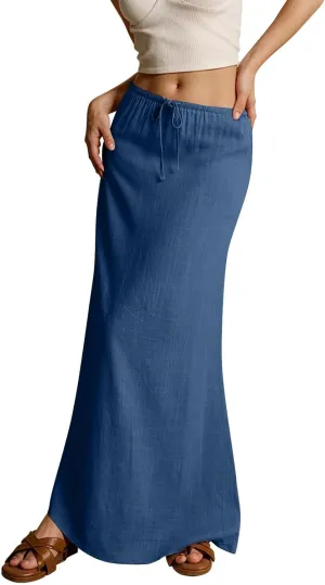 Cotton Linen Skirts for Women Maxi Length Summer Skirts Drawstring Low Rise A-Line Casual Loose Flowy Long Beach Skirt