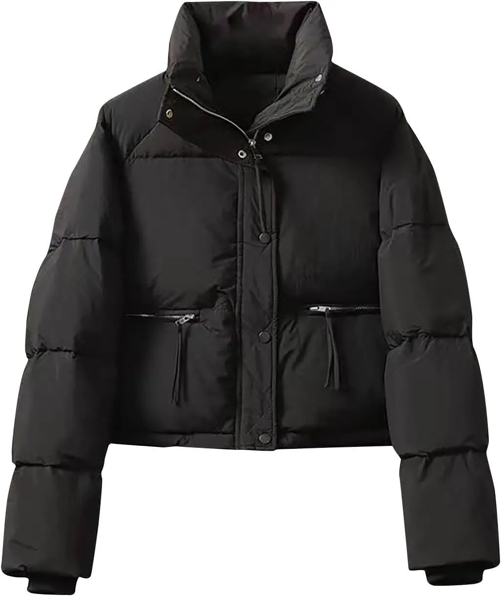 Cropped Puffer Down Jackets Women Lightweight Quilted Jackets Long Sleeve Zip Up Warm Coats Outwear Outdoor