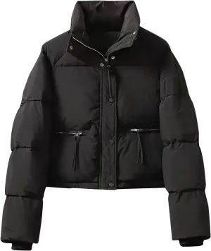 Cropped Puffer Down Jackets Women Lightweight Quilted Jackets Long Sleeve Zip Up Warm Coats Outwear Outdoor