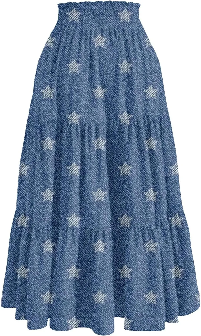 Denim Dress for Women, Summer Retro Elastic High Waist Tie Frayed A-Line Maxi Denim Skirt with Pockets