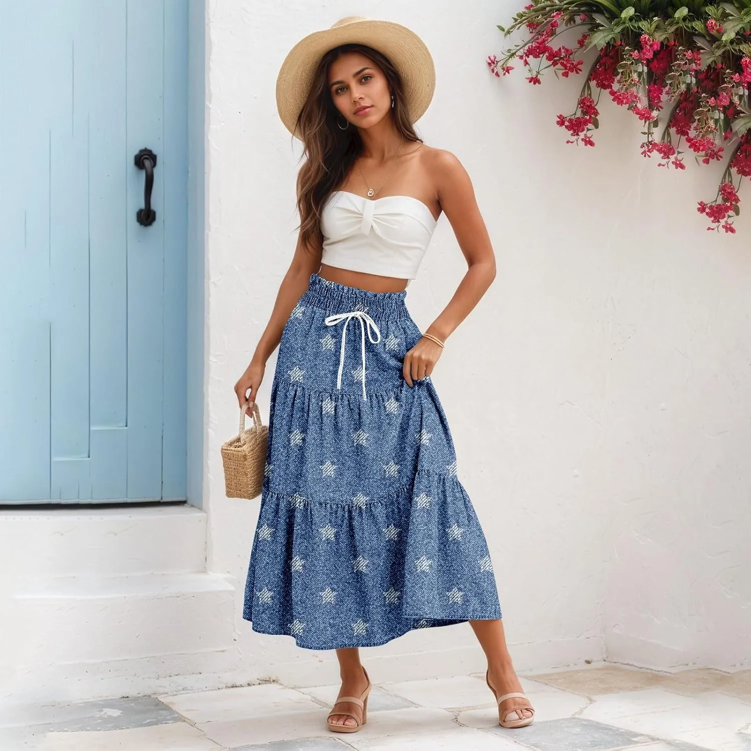 Denim Dress for Women, Summer Retro Elastic High Waist Tie Frayed A-Line Maxi Denim Skirt with Pockets