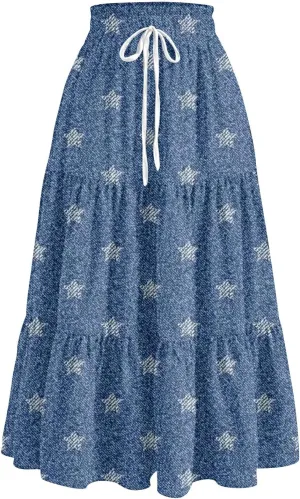 Denim Dress for Women, Summer Retro Elastic High Waist Tie Frayed A-Line Maxi Denim Skirt with Pockets