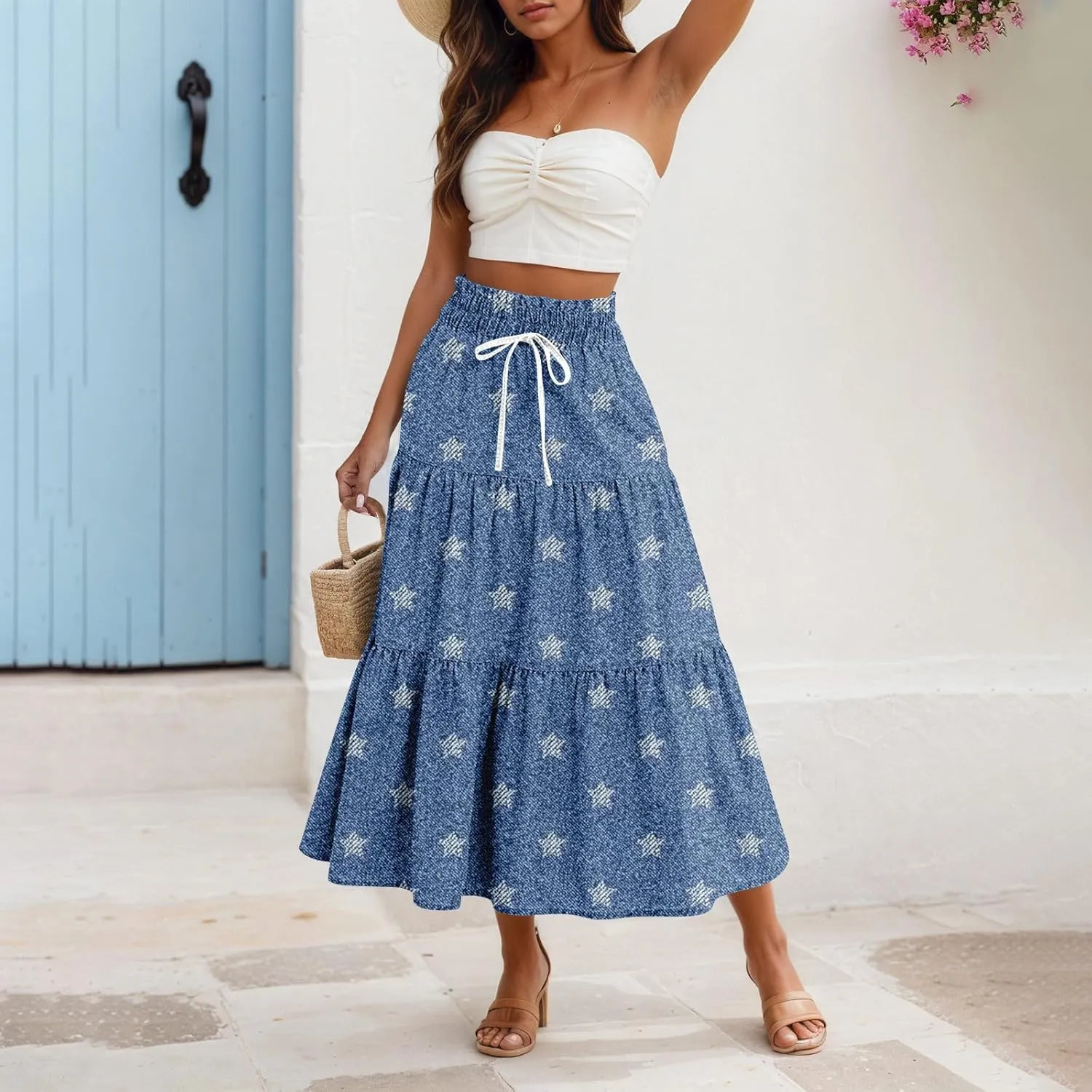 Denim Dress for Women, Summer Retro Elastic High Waist Tie Frayed A-Line Maxi Denim Skirt with Pockets