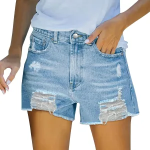 Denim Shorts for Teen Girls Cute High Rise Stretchy Mom Jean Shorts Plain Color Frayed Hem Slim Shorts