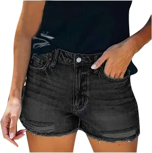Denim Shorts for Teen Girls Fashionable High Waisted Stretchy Mom Jean Shorts Solid Frayed Hem Hot Short Pants