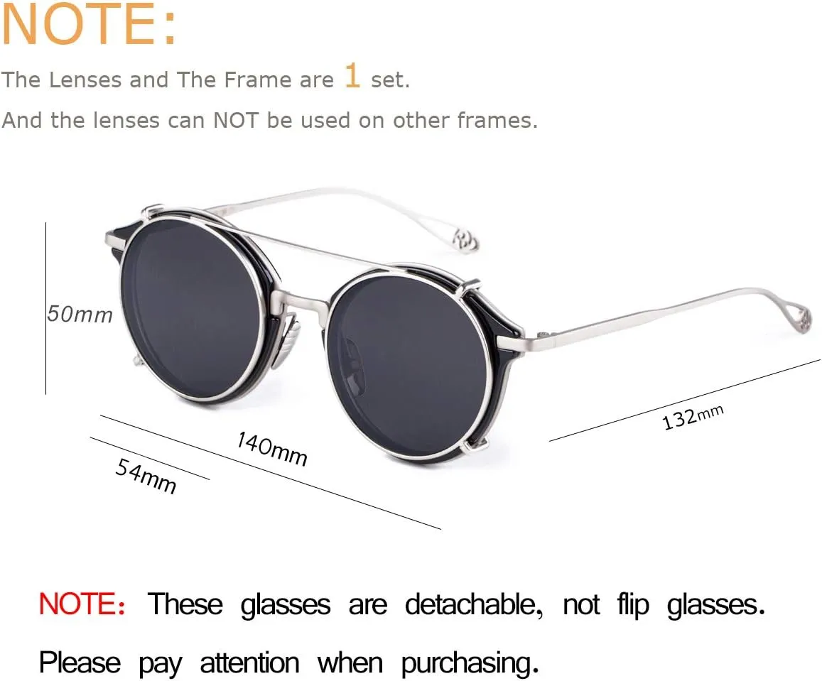 Dollger Double Lens Clip On Sunglasses Non-flip Lens Round Steampunk Style Glasses for Men Women