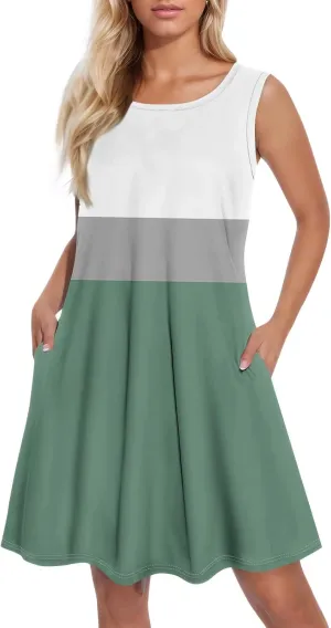 Dress for Women Spring Tank Dress Short Sun Dresses Sleeveless Patterned A Line Dresses Summer Flowy with Pocket