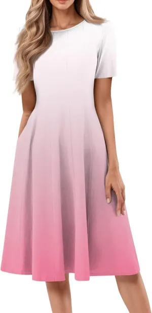 Dresses for Women Summer Short Sleeve Wrap Dress High Waist Floral Dresses Crew Neck Work Midi Dress with Pockets