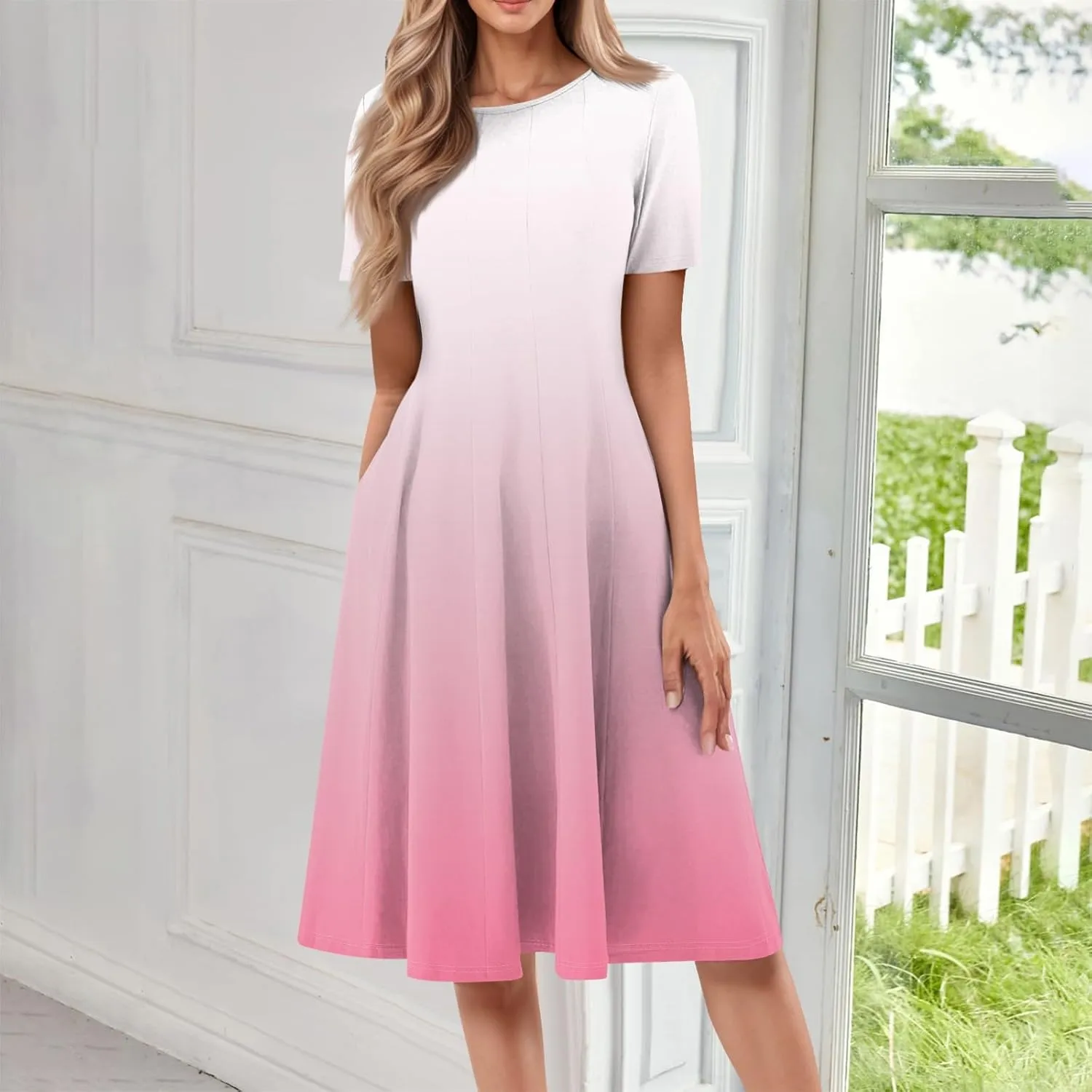 Dresses for Women Summer Short Sleeve Wrap Dress High Waist Floral Dresses Crew Neck Work Midi Dress with Pockets