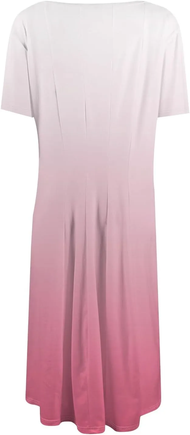 Dresses for Women Summer Short Sleeve Wrap Dress High Waist Floral Dresses Crew Neck Work Midi Dress with Pockets