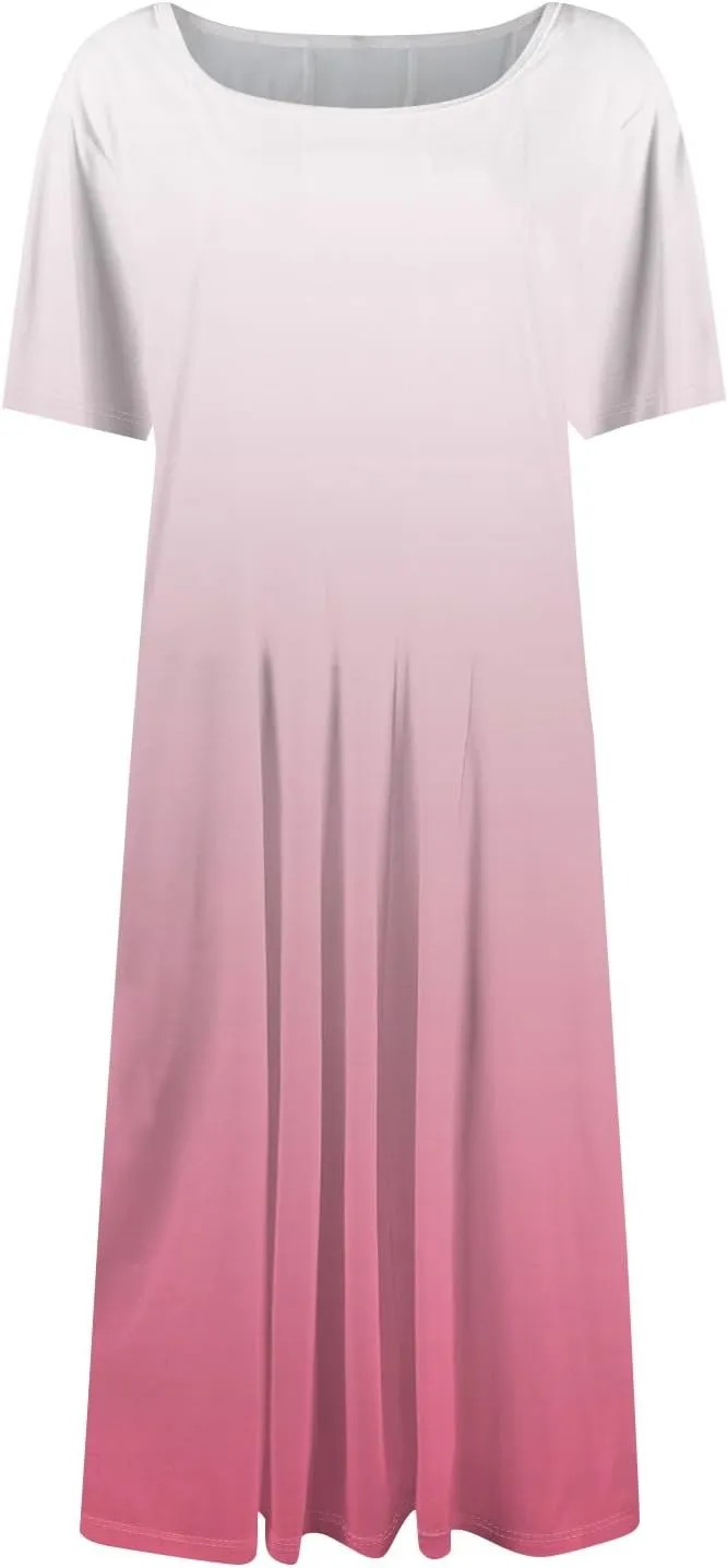 Dresses for Women Summer Short Sleeve Wrap Dress High Waist Floral Dresses Crew Neck Work Midi Dress with Pockets
