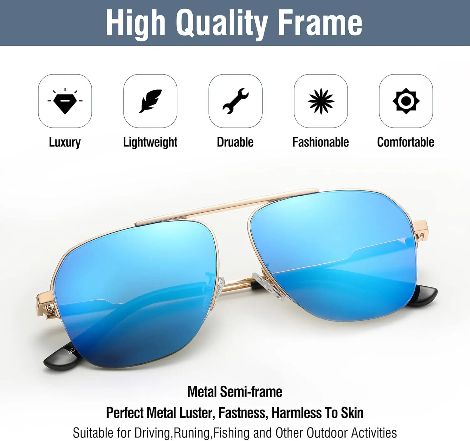 DUCO Retro Aviator Sunglasses for Mens Womens Semi-Rimless Non-Polarized Trendy Sun Glasses Metal Frame for Driving DC3035