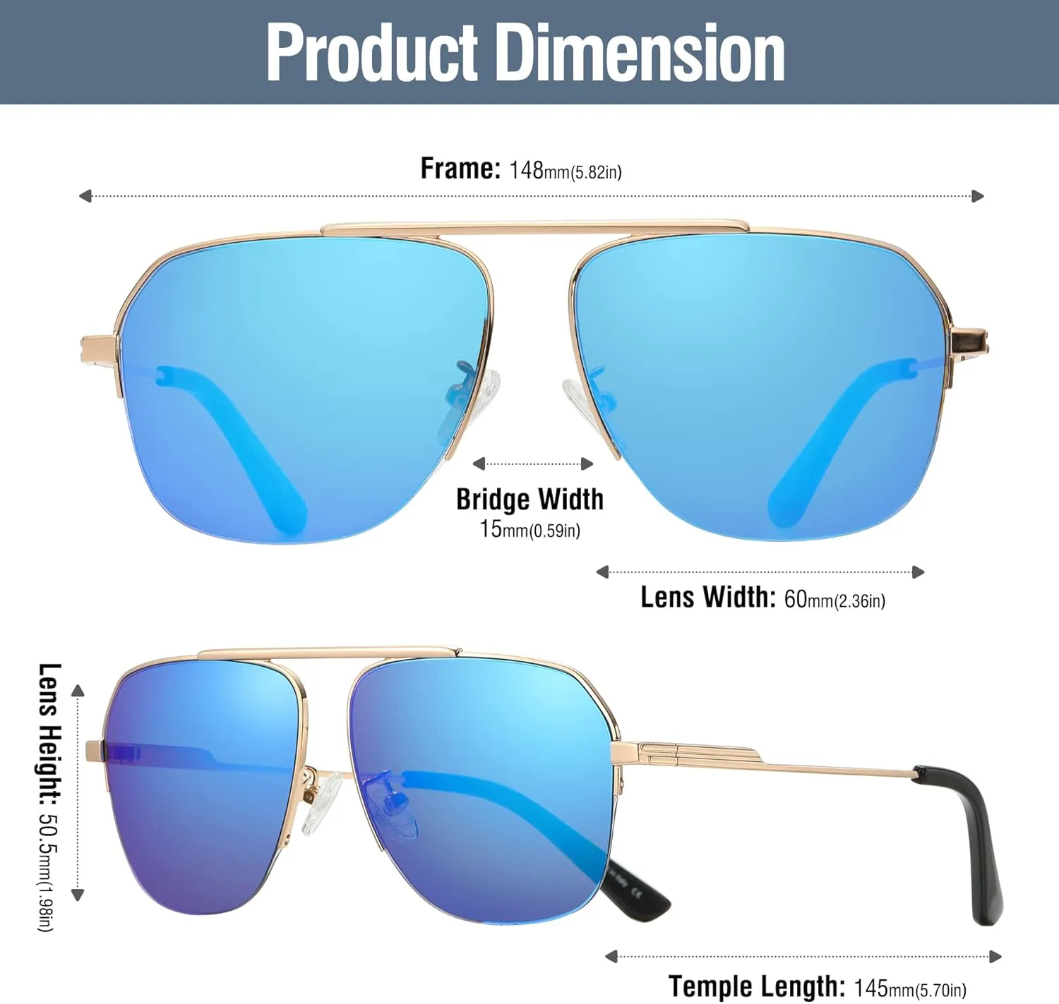 DUCO Retro Aviator Sunglasses for Mens Womens Semi-Rimless Non-Polarized Trendy Sun Glasses Metal Frame for Driving DC3035