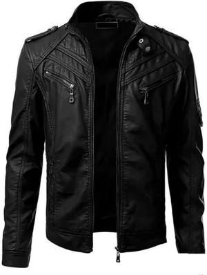 DuDubaby Winter Men's Casual Stand Collar Leather Jacket Coat Mens Lightweight Jacket
