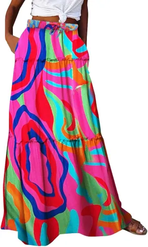 Elastic High Waist Flowy Maxi Skirts Women Boho Floral Tiered Pleated Summer Long Beach Casual Skirt