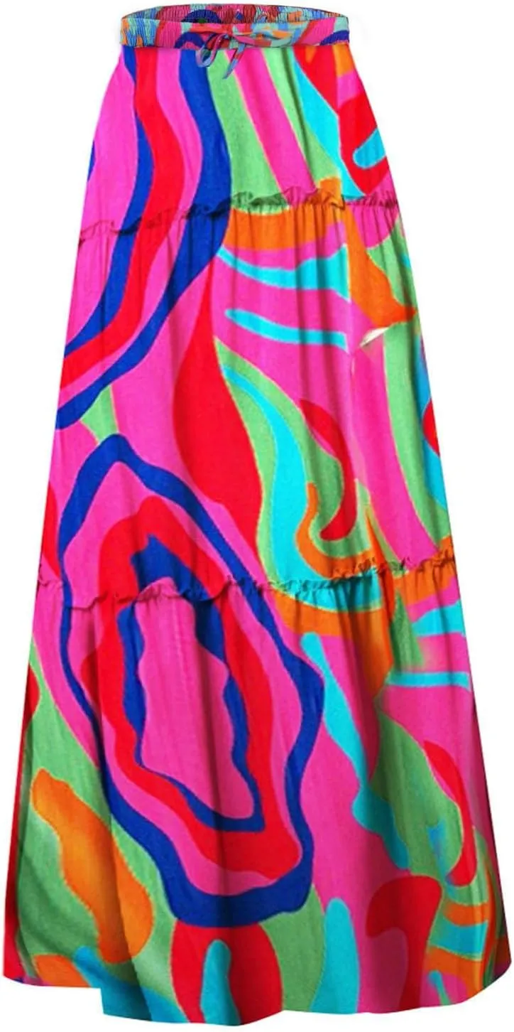 Elastic High Waist Flowy Maxi Skirts Women Boho Floral Tiered Pleated Summer Long Beach Casual Skirt