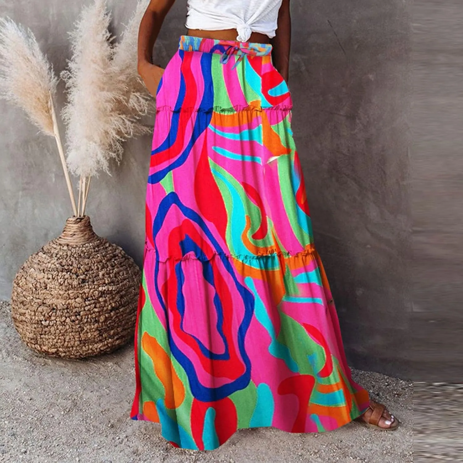 Elastic High Waist Flowy Maxi Skirts Women Boho Floral Tiered Pleated Summer Long Beach Casual Skirt