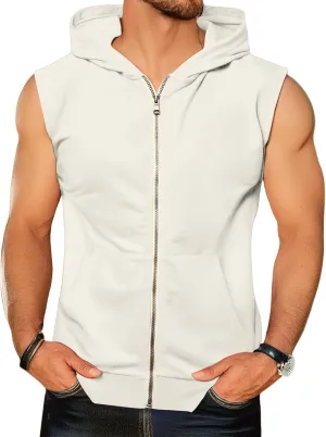 evzosrz Mens Workout Hoodies Full Zip Hooded Tank Tops Fashion Sleeveless Bodybuilding Fitness Muscle Tees Shirt with Pocket