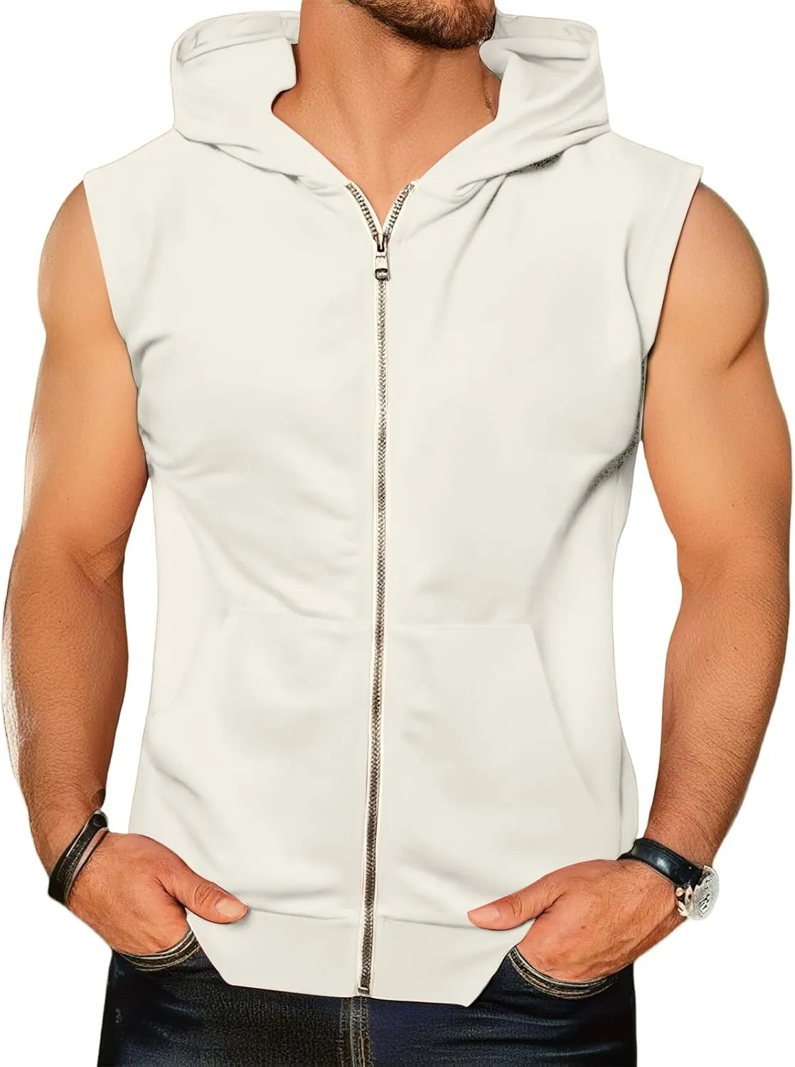 evzosrz Mens Workout Hoodies Full Zip Hooded Tank Tops Fashion Sleeveless Bodybuilding Fitness Muscle Tees Shirt with Pocket
