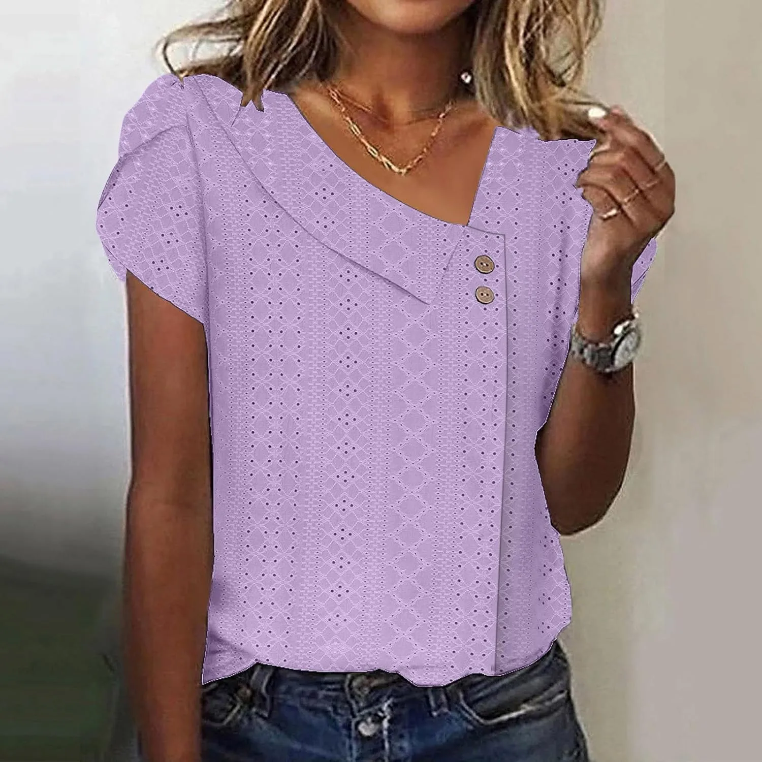 Eyelet Shirts for Women 2025 Casual Short Sleeve Solid Color T-Shirts Trendy Loose V Neck Button Summer Tops