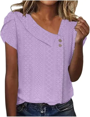 Eyelet Shirts for Women 2025 Casual Short Sleeve Solid Color T-Shirts Trendy Loose V Neck Button Summer Tops