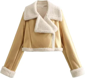 Faux Leather Jacket for Women Cropped Sherpa Lined Jacket Coat Faux Shearing Fur Warm Coat Thicken Fleece Lined Parka