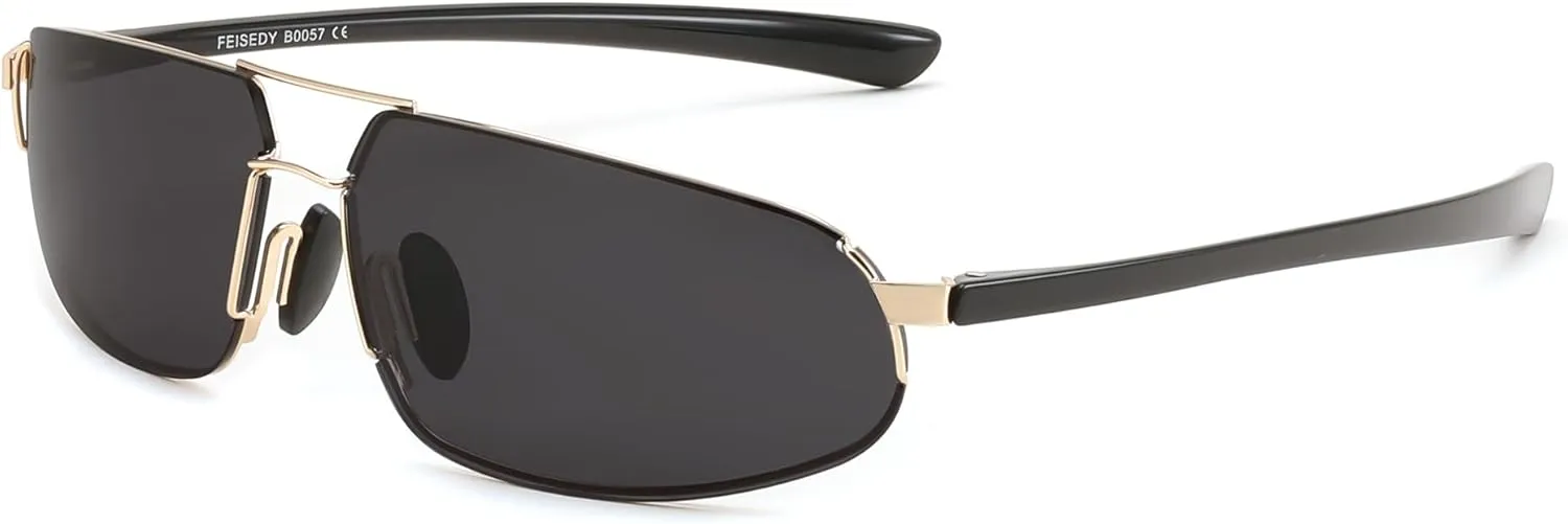 FEISEDY Vintage Sunglasses Men Polarized, Aviator Metal Frame Lightweight, Driving Fishing Running B0057