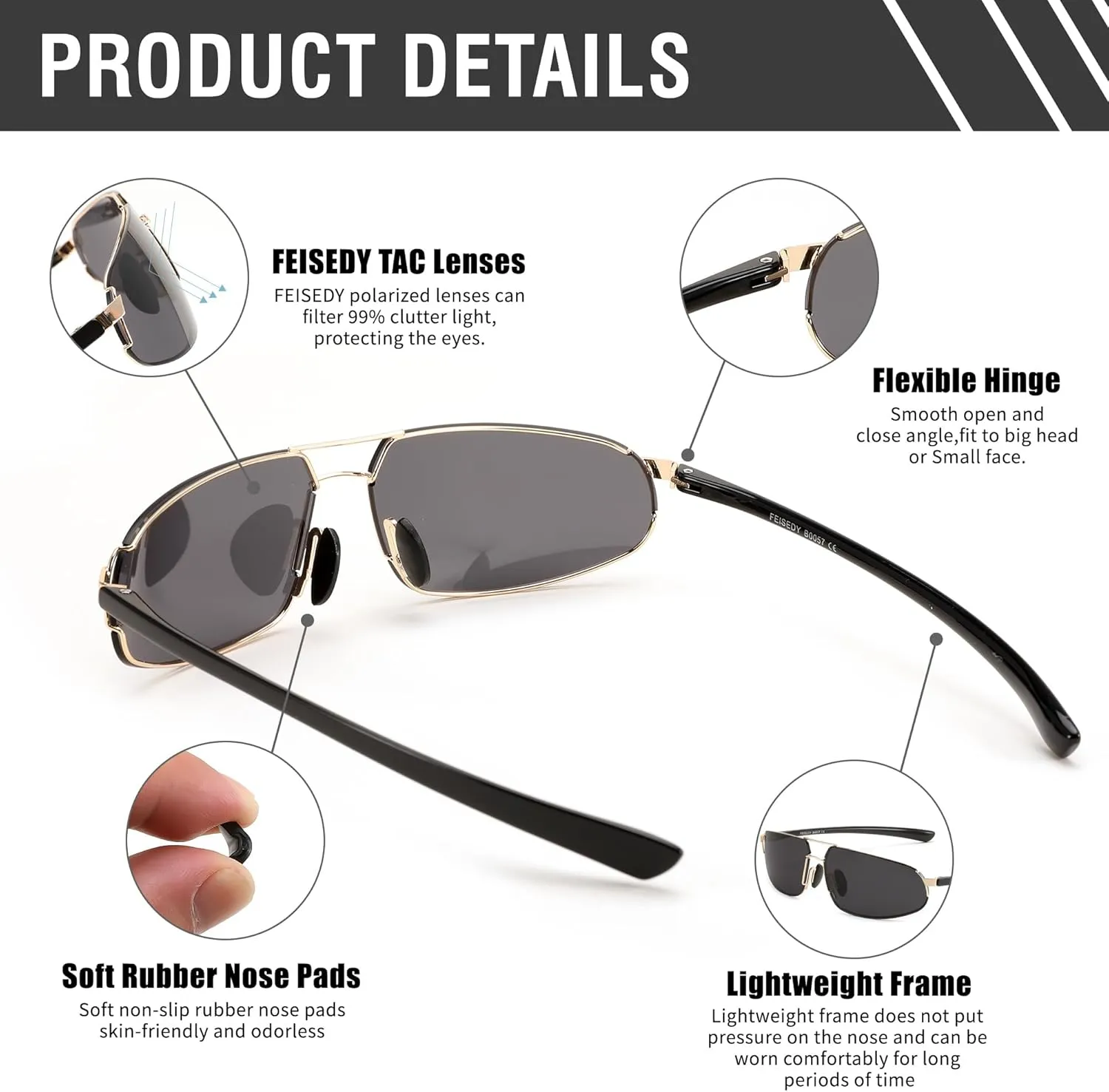 FEISEDY Vintage Sunglasses Men Polarized, Aviator Metal Frame Lightweight, Driving Fishing Running B0057