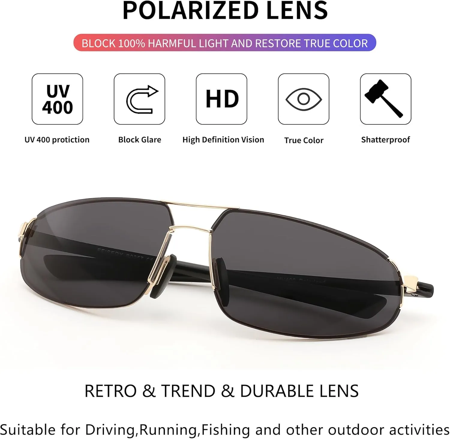 FEISEDY Vintage Sunglasses Men Polarized, Aviator Metal Frame Lightweight, Driving Fishing Running B0057