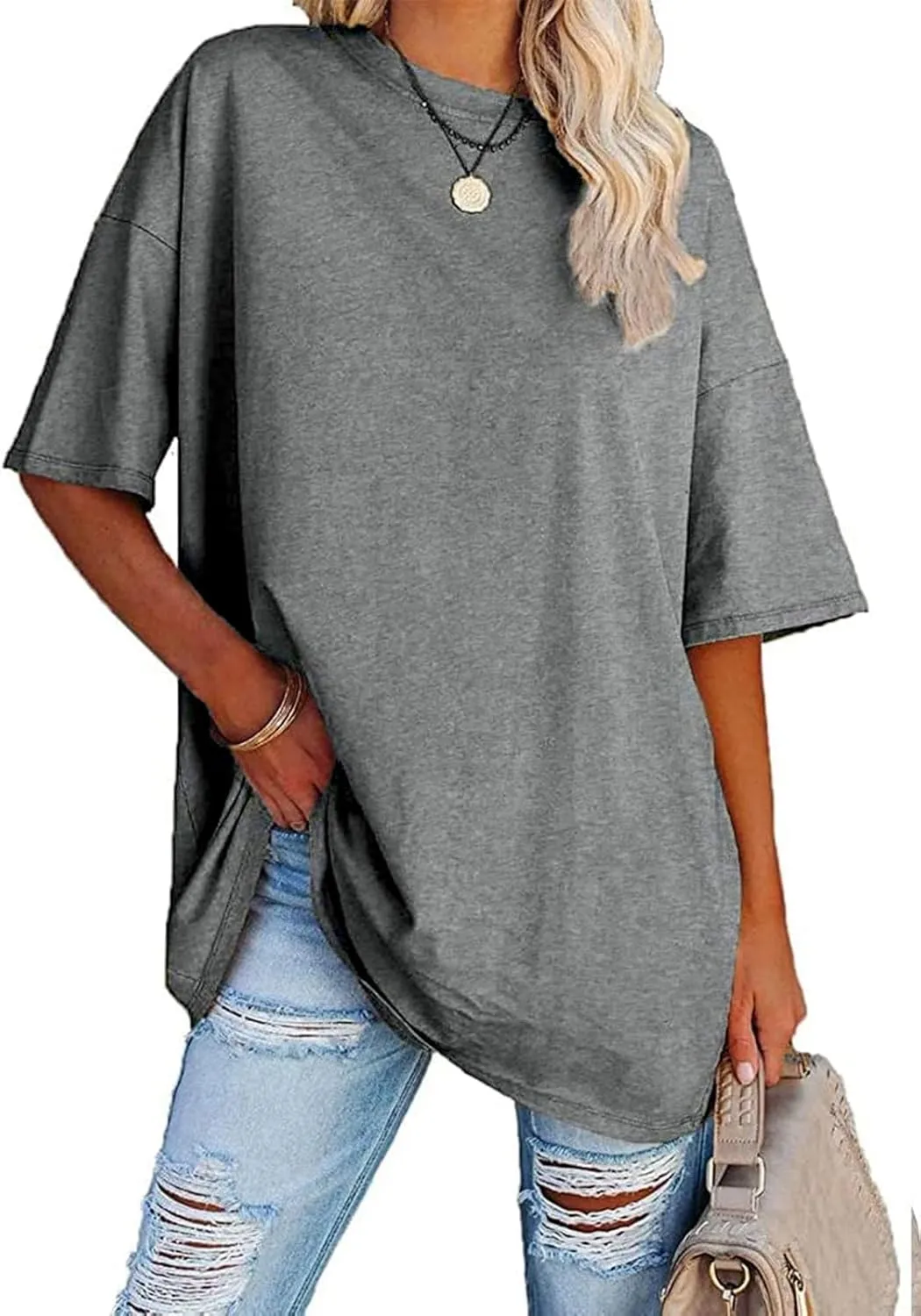 Fisoew Women's Oversized T Shirts Tees Half Sleeve Crew Neck Cotton Tunic Tops