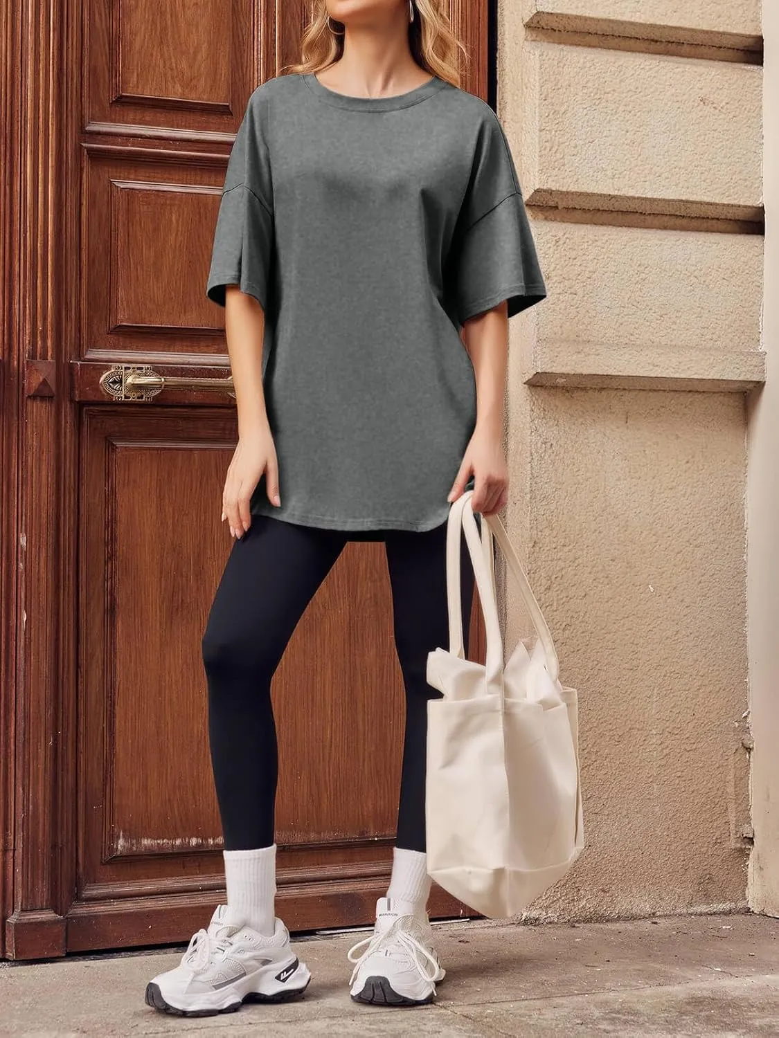 Fisoew Women's Oversized T Shirts Tees Half Sleeve Crew Neck Cotton Tunic Tops