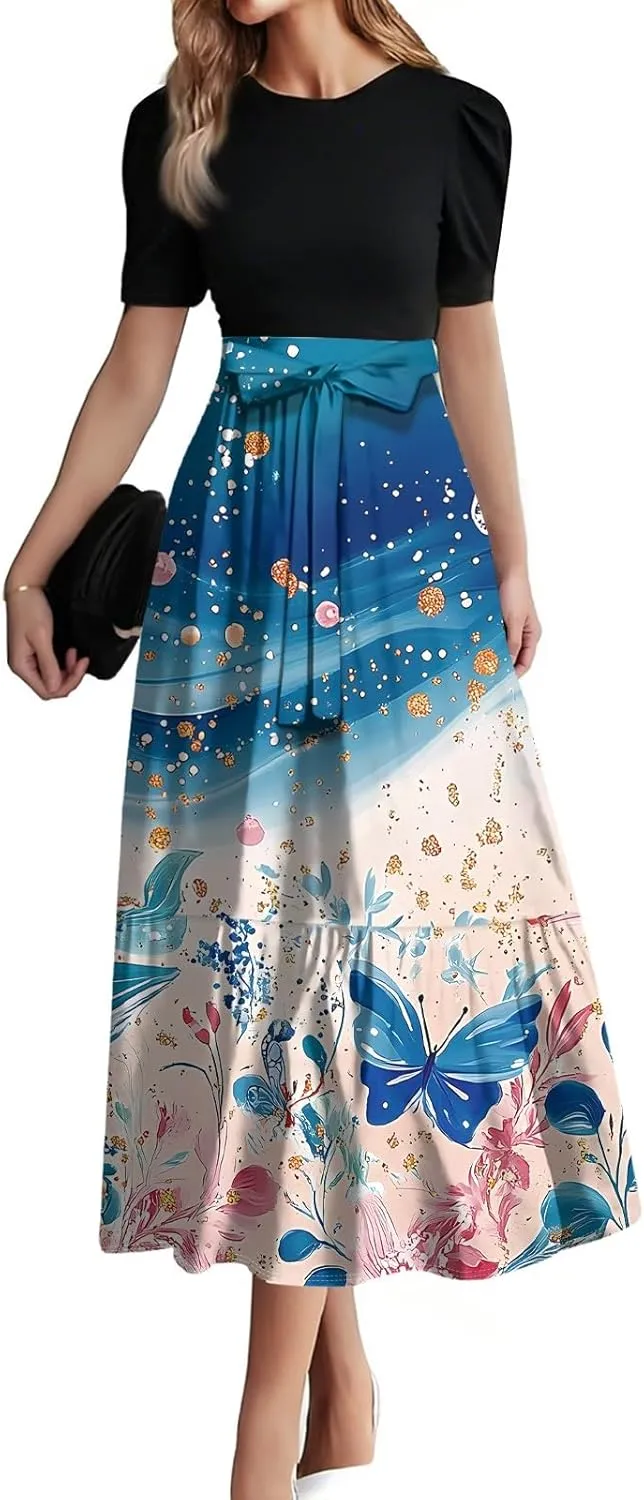 Floral Cocktail Dress for Women 2025 Plus Size Wrap Maxi Dress Ruffle Hem Elegant Outfit