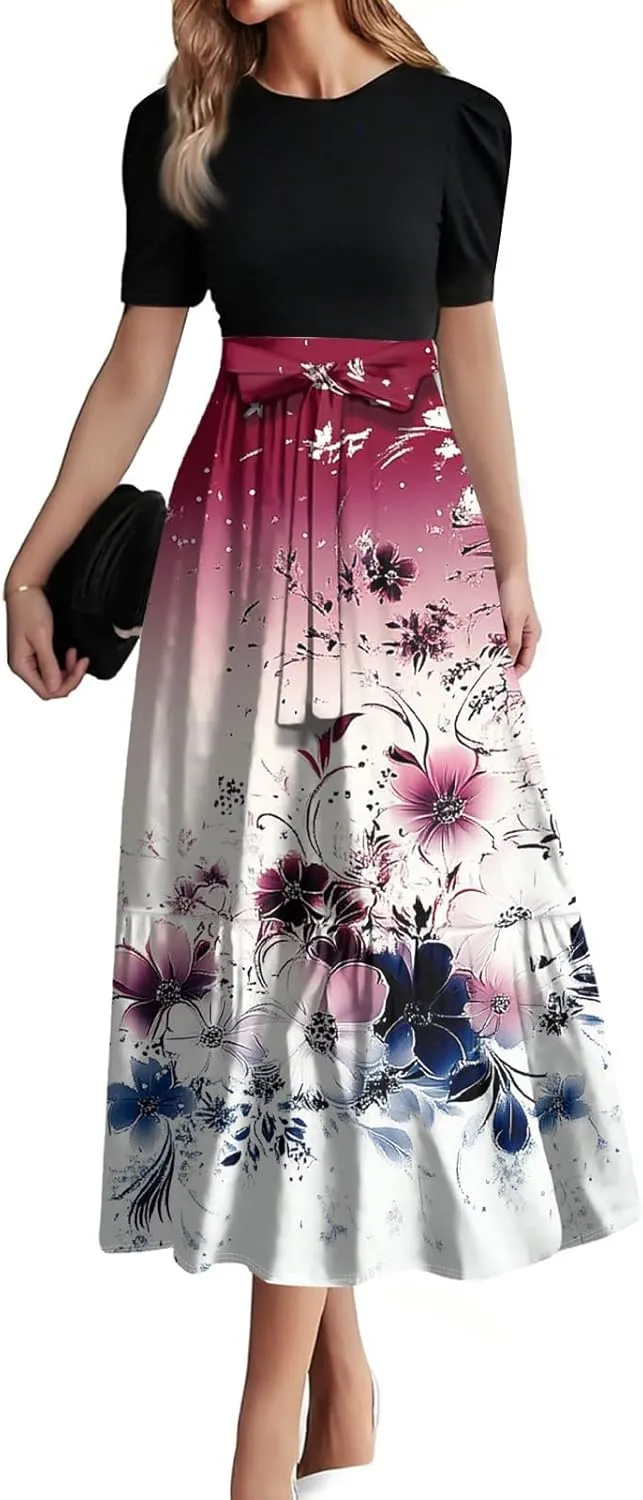 Floral Cocktail Dress for Women 2025 Plus Size Wrap Maxi Dress Ruffle Hem Elegant Outfit
