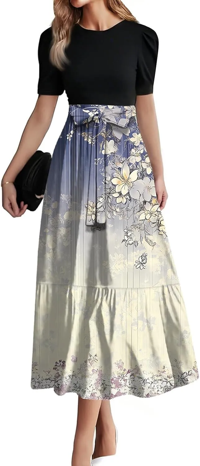 Floral Cocktail Dress for Women 2025 Plus Size Wrap Maxi Dress Ruffle Hem Elegant Outfit