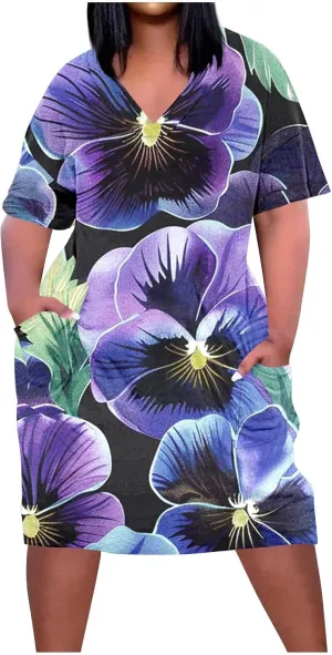 Floral Dress for Women Short Sleeve V Neck Casual Dress Plus Size Summer Dress Shift Spring Midi Dress Spring Dress