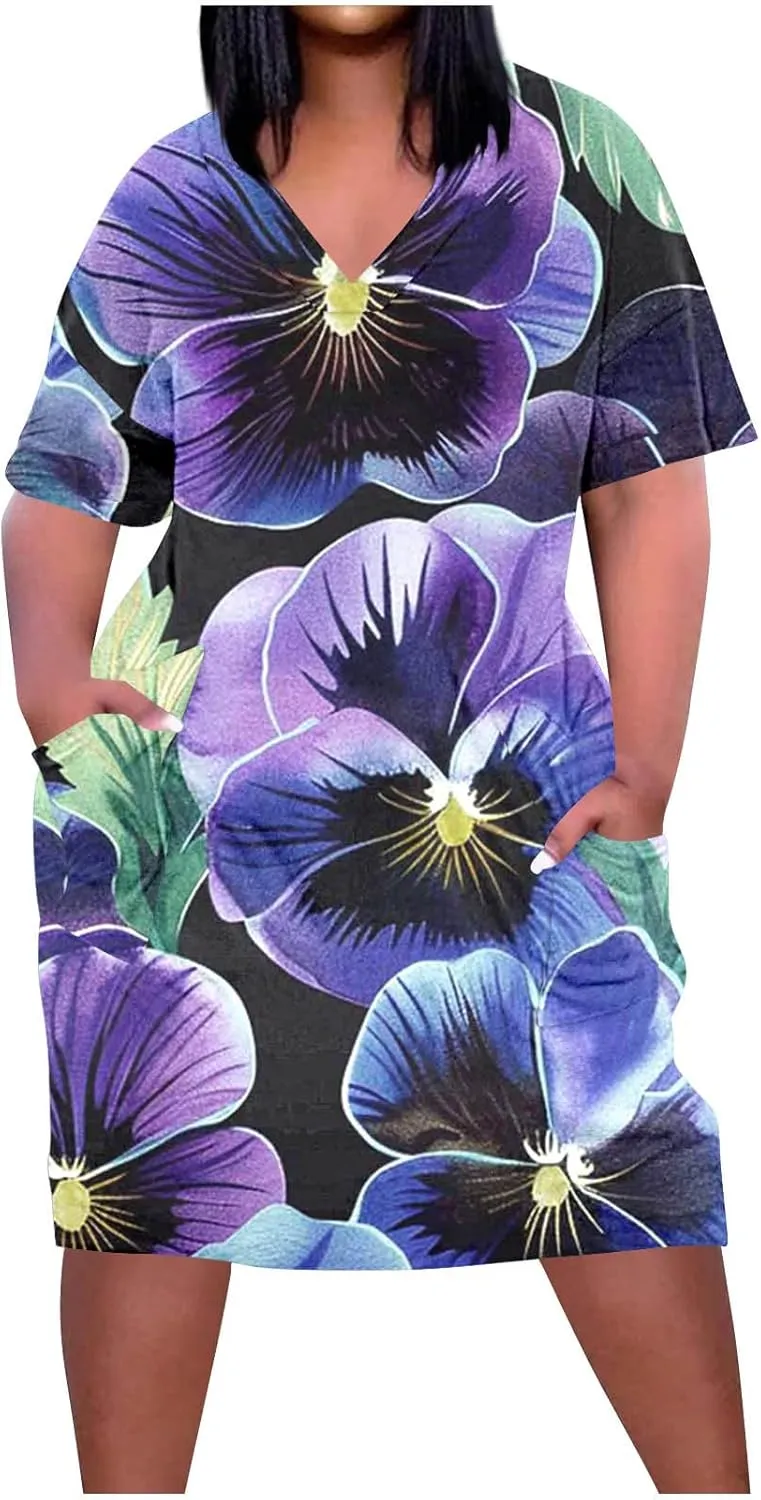 Floral Dress for Women Short Sleeve V Neck Casual Dress Plus Size Summer Dress Shift Spring Midi Dress Spring Dress