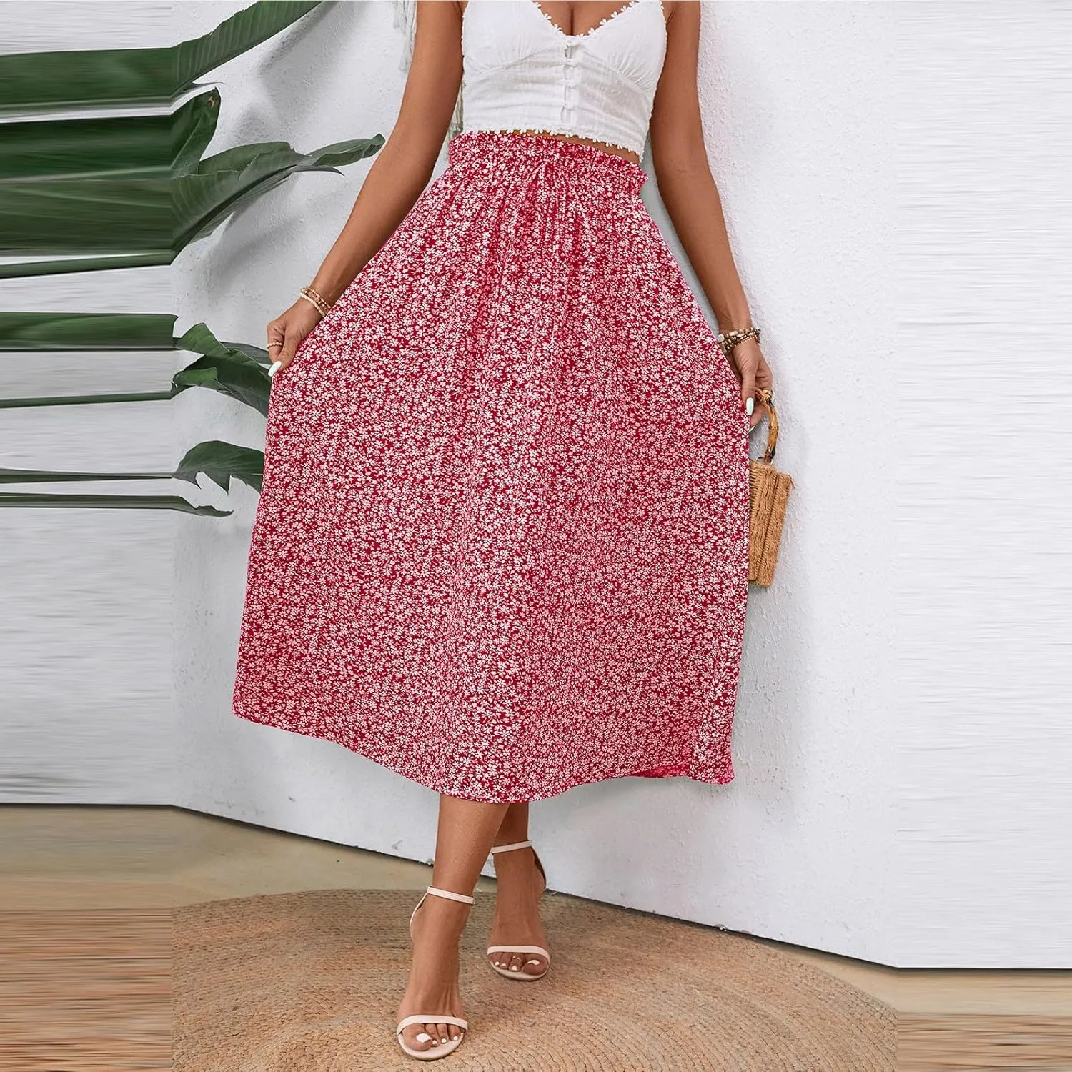 Floral Maxi Skirt for Women Summer Comfy Tiered Elastic High Waisted Skirts Vacation A-Line Flowy Swing Long Skirts