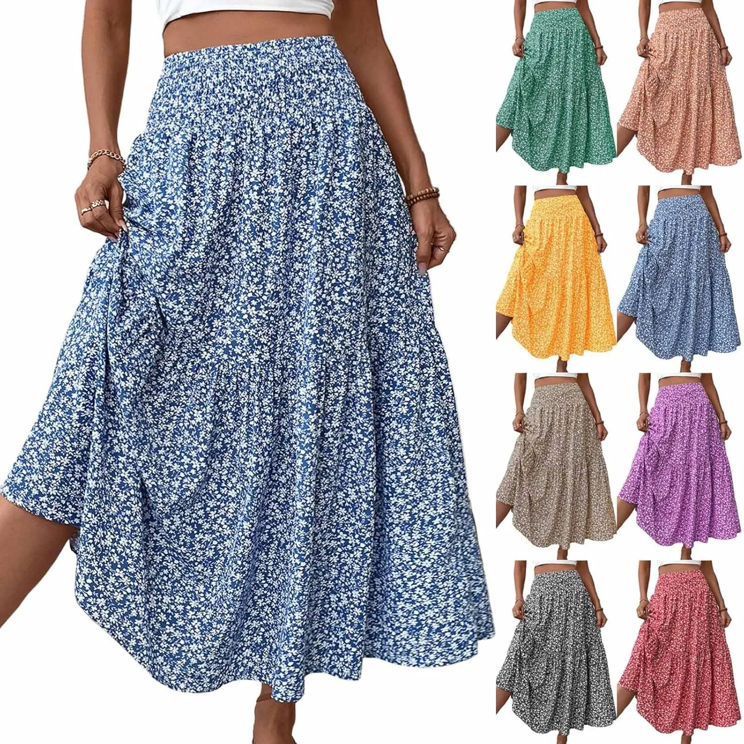 Floral Maxi Skirts for Women Trendy Summer High Waisted Long Skirts Elastic Waist Boho Beach A Line Skirt Cover Up