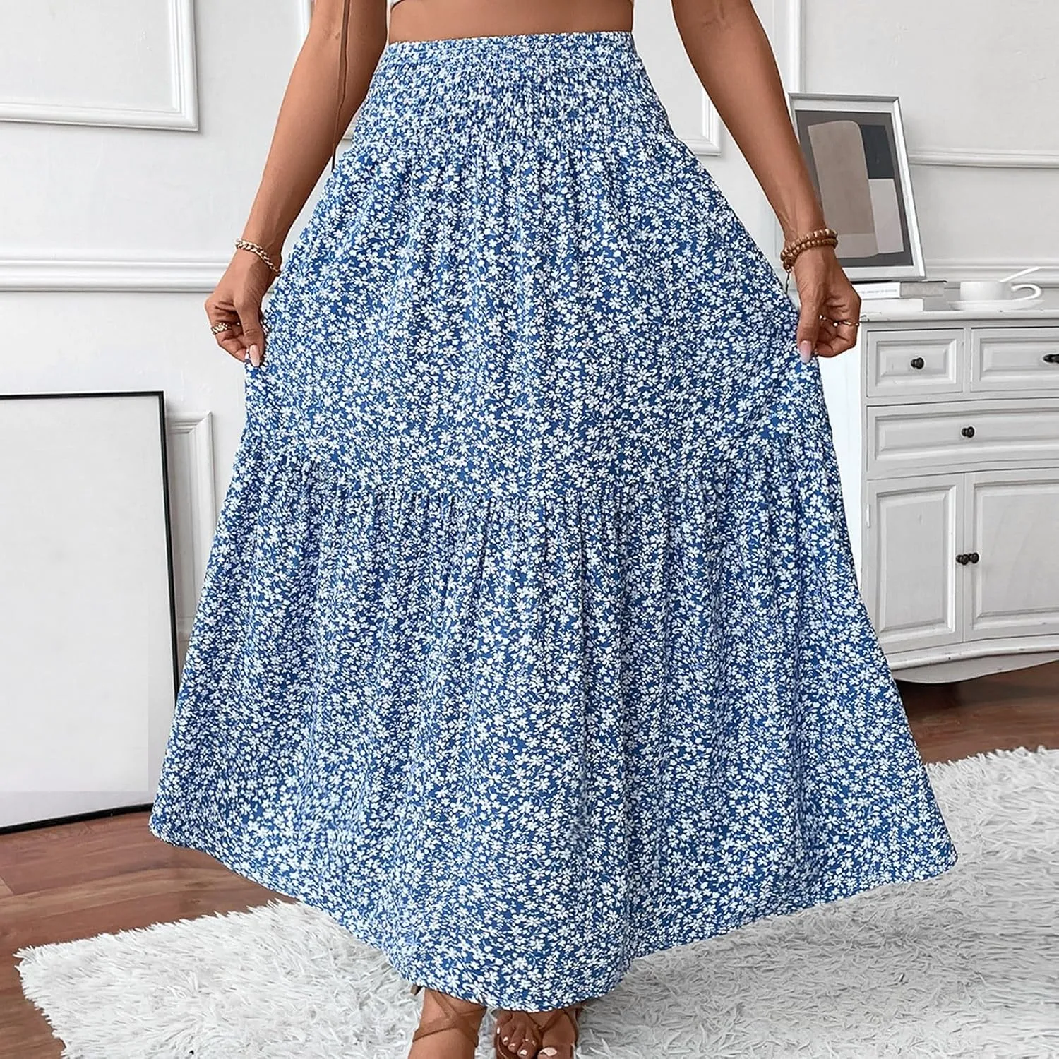 Floral Maxi Skirts for Women Trendy Summer High Waisted Long Skirts Elastic Waist Boho Beach A Line Skirt Cover Up