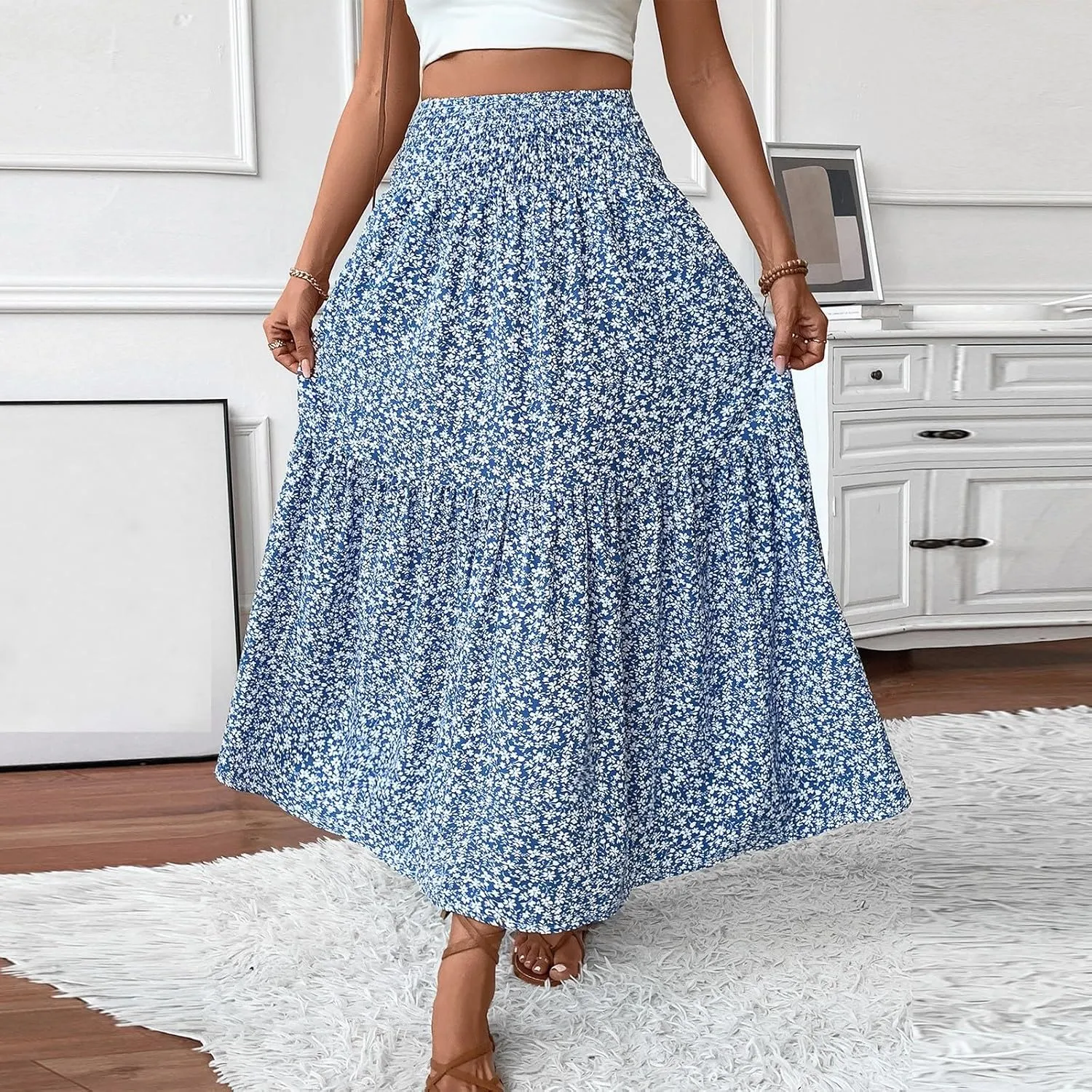 Floral Maxi Skirts for Women Trendy Summer High Waisted Long Skirts Elastic Waist Boho Beach A Line Skirt Cover Up