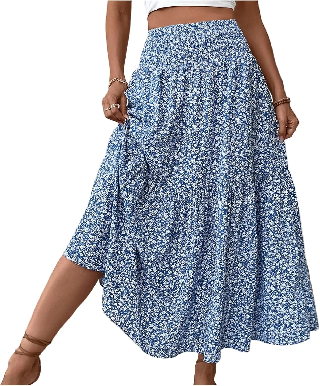 Floral Maxi Skirts for Women Trendy Summer High Waisted Long Skirts Elastic Waist Boho Beach A Line Skirt Cover Up
