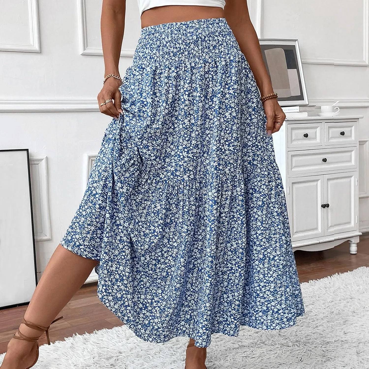 Floral Maxi Skirts for Women Trendy Summer High Waisted Long Skirts Elastic Waist Boho Beach A Line Skirt Cover Up
