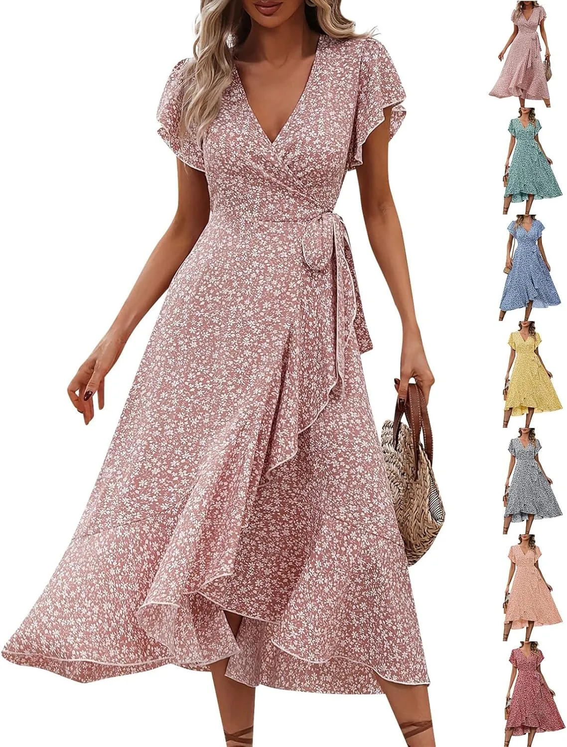 Floral Midi Dress for Women Flowy Vintage Casual A Line Wrap Dress Beach Vacation Trendy Boho V Neck Sundress