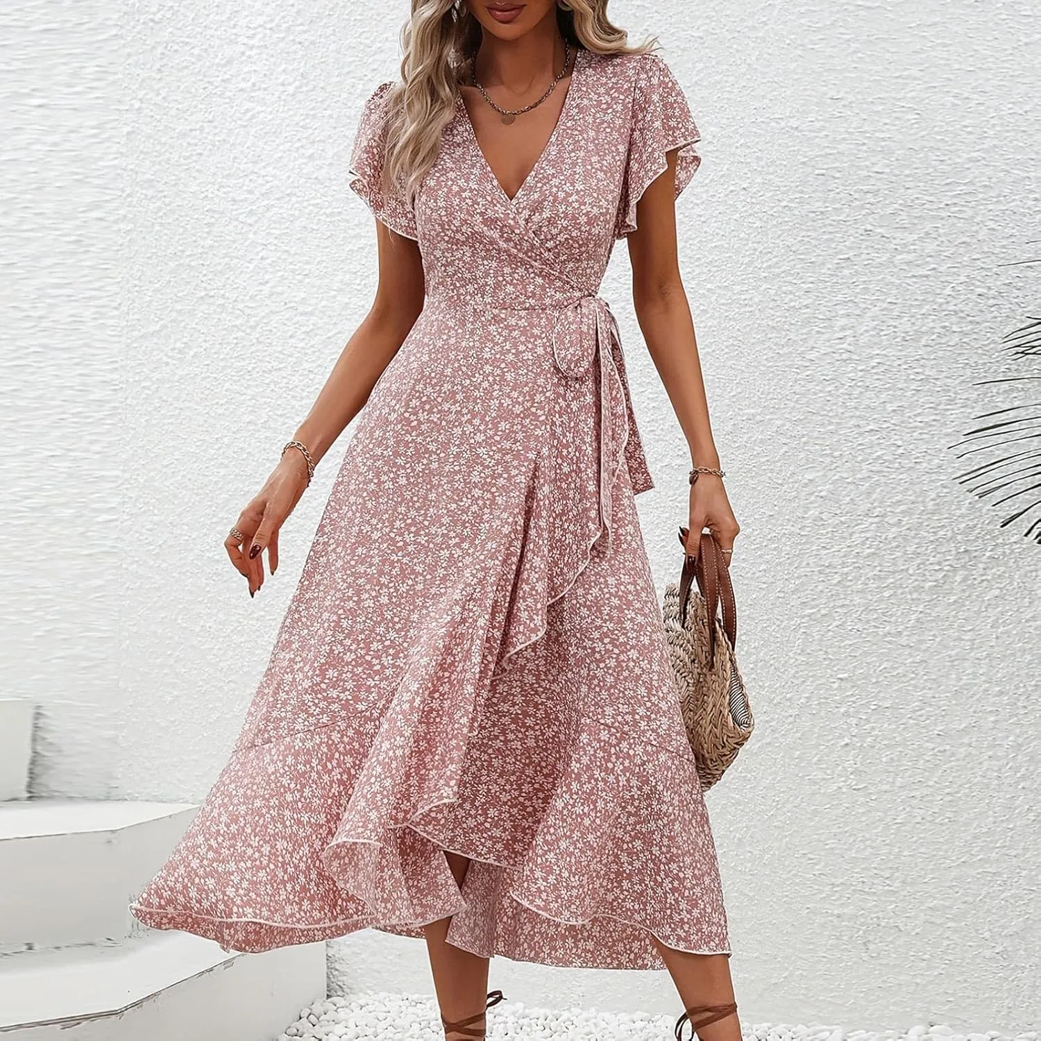 Floral Midi Dress for Women Flowy Vintage Casual A Line Wrap Dress Beach Vacation Trendy Boho V Neck Sundress