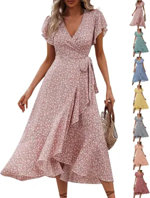 Floral Midi Dress for Women Flowy Vintage Casual A Line Wrap Dress Beach Vacation Trendy Boho V Neck Sundress